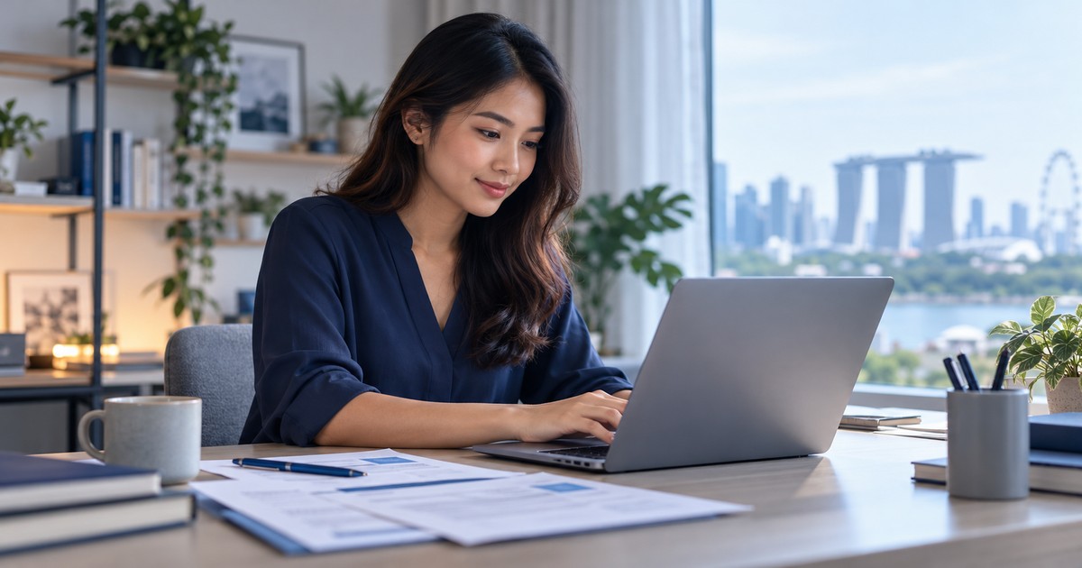 A professional checking resume formatting at a bright desk.