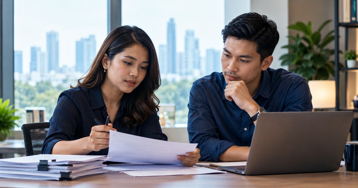 Two recruiters reviewing application evidence at a desk.