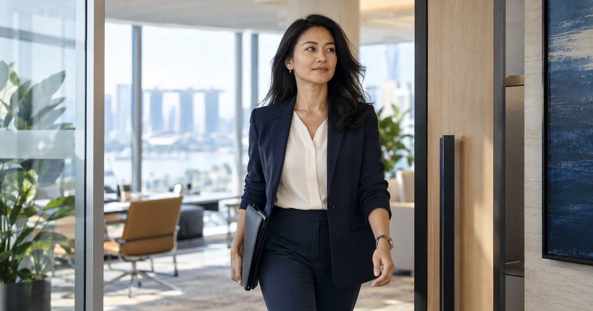 A professional walking into a bright contemporary office.
