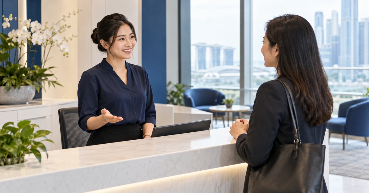 Two fictional adults practise a reception conversation in a bright office