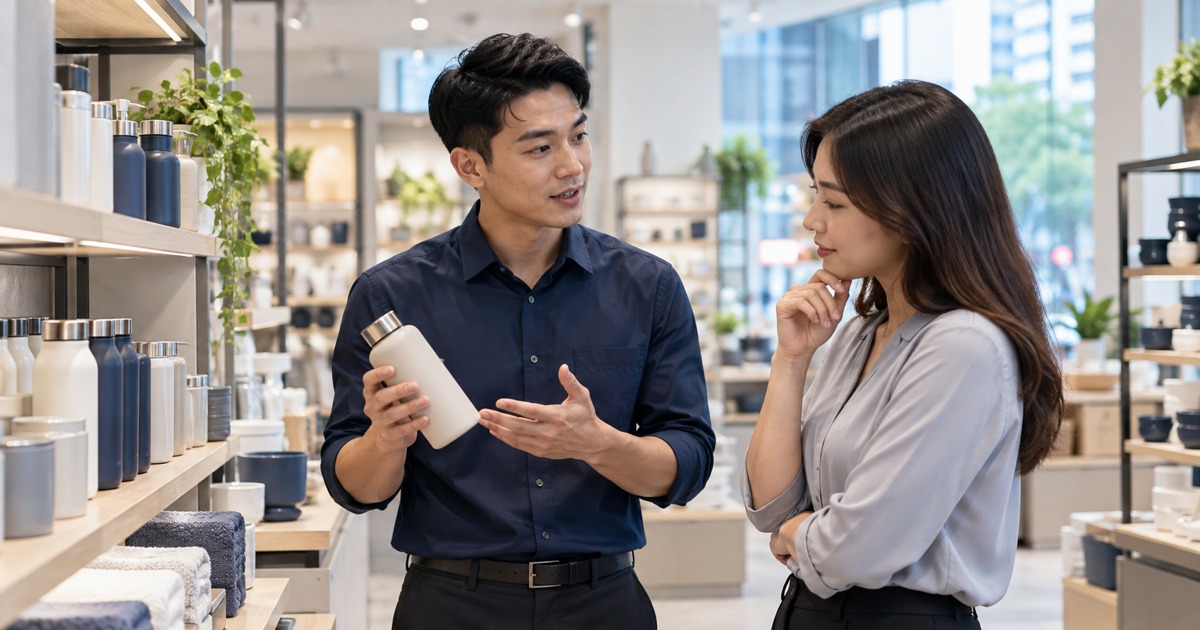 A Southeast Asian adult retail job applicant in a muted navy shirt practising a product explanation with an adult colleague beside neatly arranged unbranded household products in a modern Singapore shop