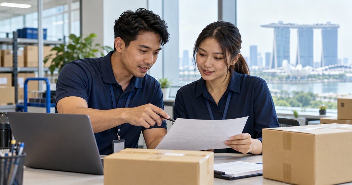 Two Southeast Asian adult logistics coordinators reviewing an unlabelled delivery-route sheet beside closed parcels in a bright Singapore operations office