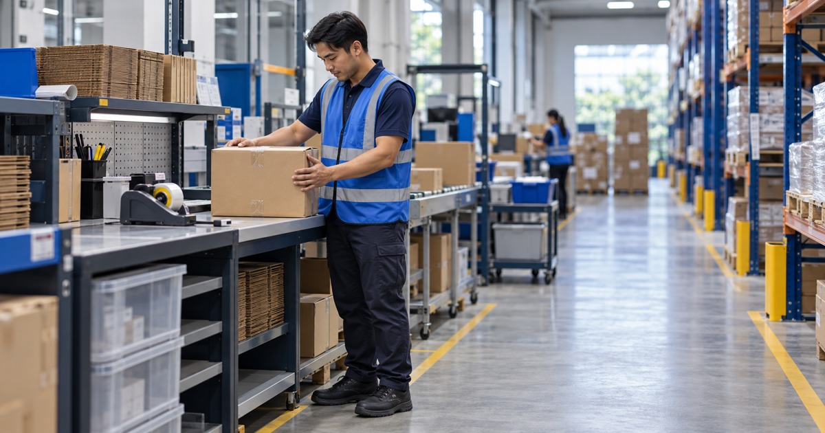 A Southeast Asian adult warehouse employee in a blue high-visibility vest and closed safety footwear checking a sealed carton at a tidy marked packing station, stationary equipment, safe clear walkway