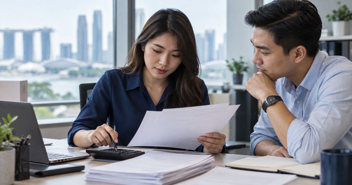 A Southeast Asian adult accounts assistant carefully compares blank-looking paper invoices and a calculator at a tidy desk; another colleague listens