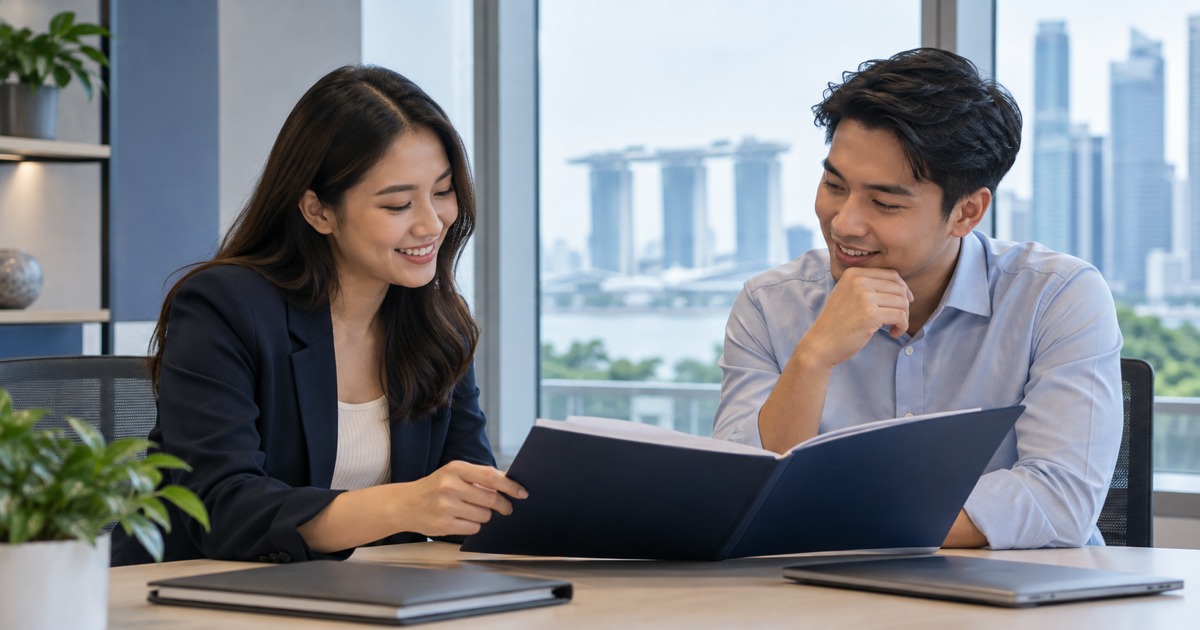 Two Southeast Asian adults in a Singapore office review an unlabelled onboarding folder during an HR assistant practice interview, discreet closed documents