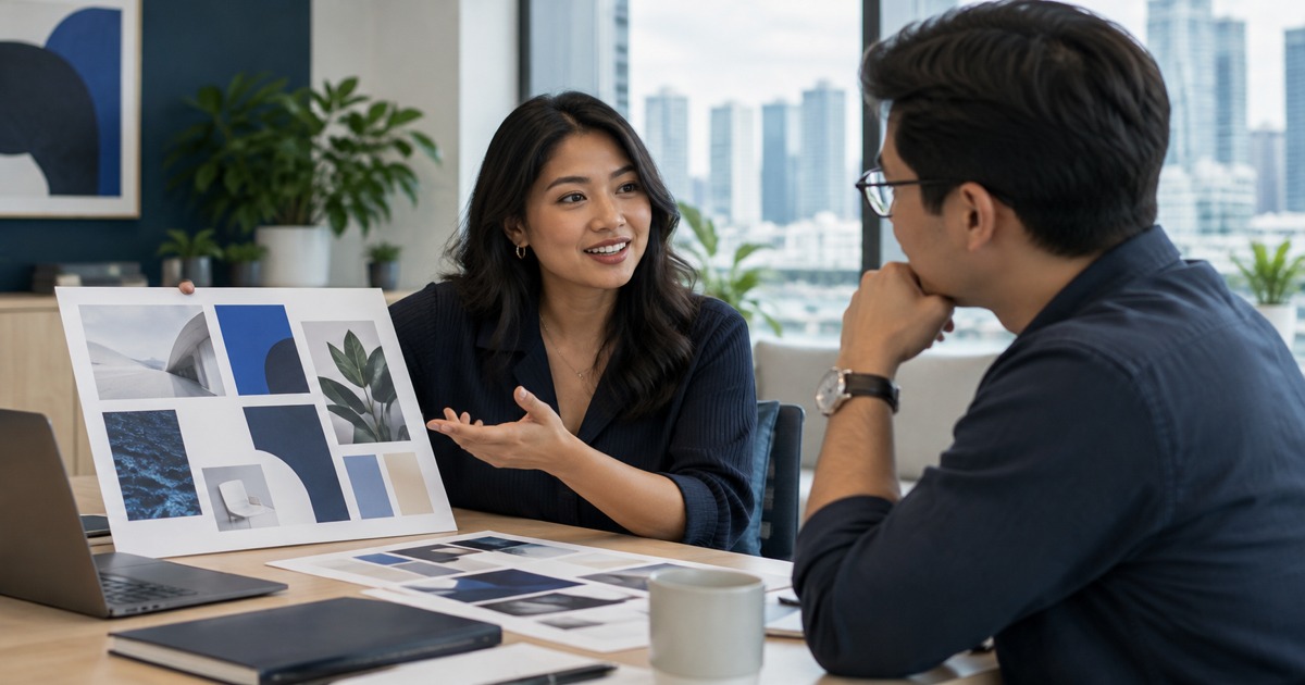 A Southeast Asian adult applicant discusses a fictional campaign moodboard of coloured shapes with an interviewer, modern Singapore creative office