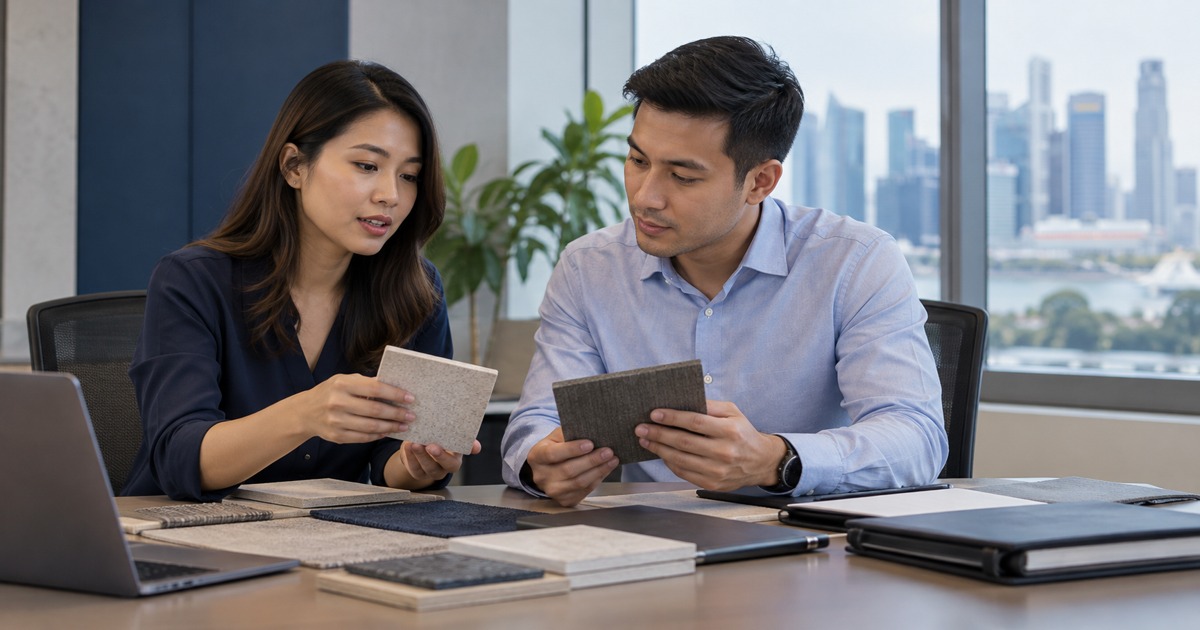 A Southeast Asian adult procurement candidate compares two unlabelled material samples with a colleague at an office meeting table, neutral supplier folders