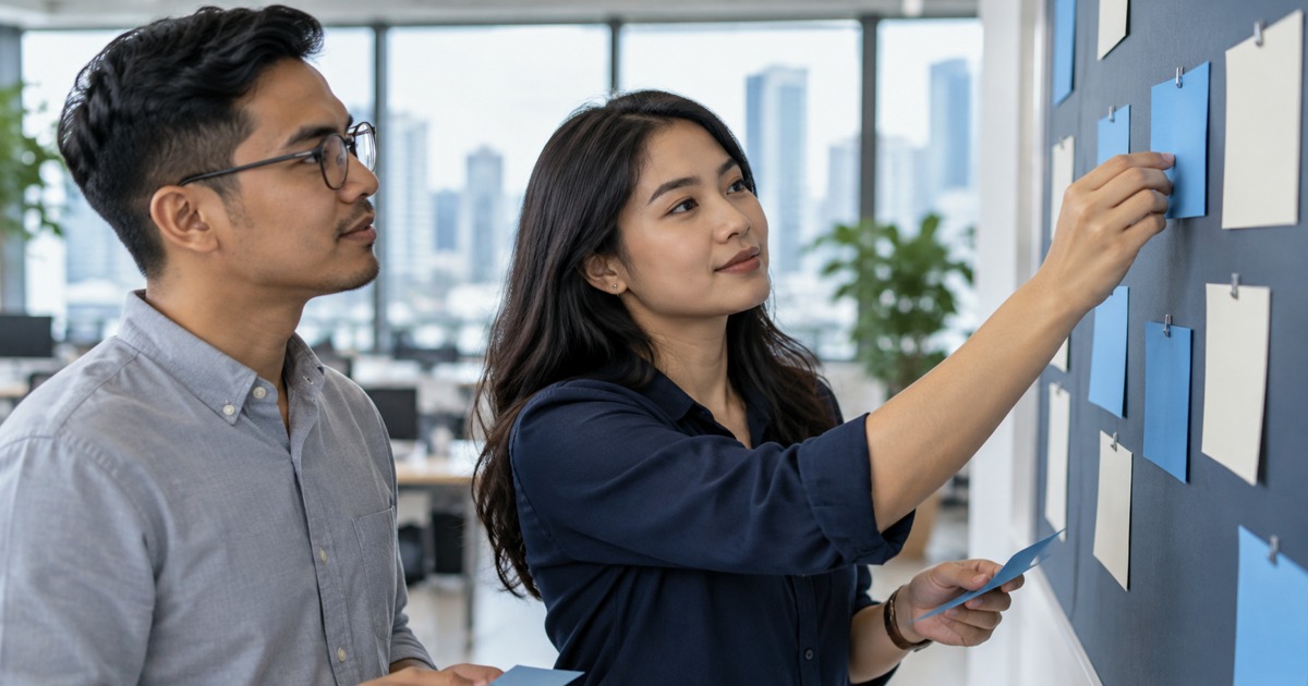 A Southeast Asian adult project coordinator arranges blank blue and ivory task cards on a board beside a colleague, calm office planning session
