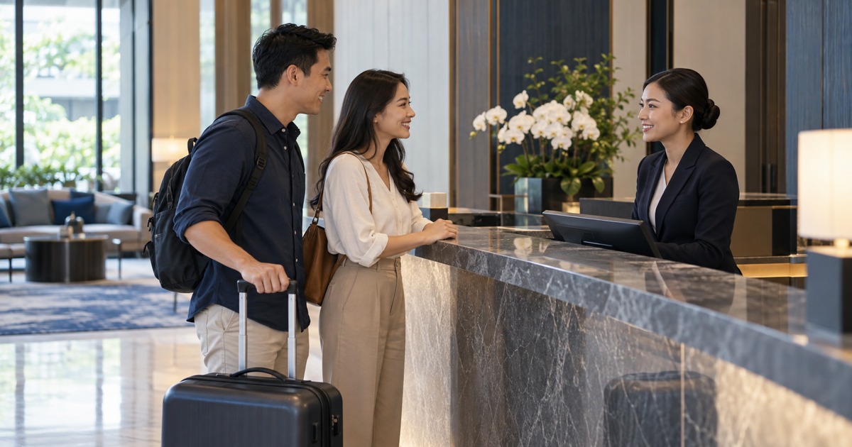 Two Southeast Asian adults practise a courteous guest check-in at a contemporary unbranded Singapore hotel reception, luggage nearby
