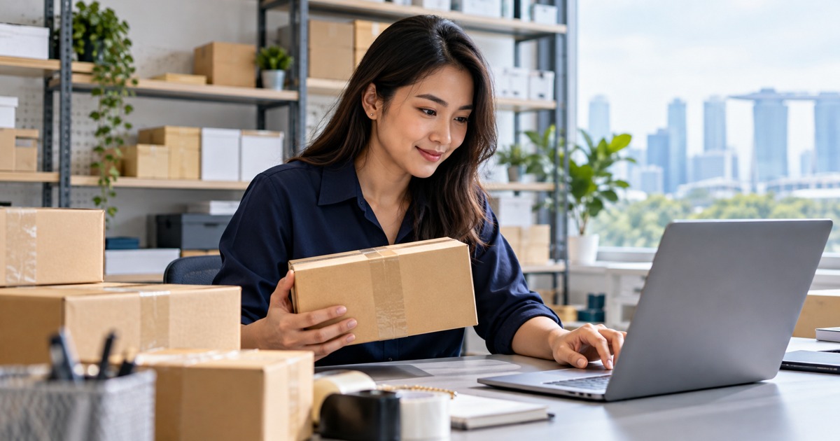 A Southeast Asian adult e-commerce operations applicant reviews a sealed parcel and a laptop with unreadable screen at a small bright office packing desk