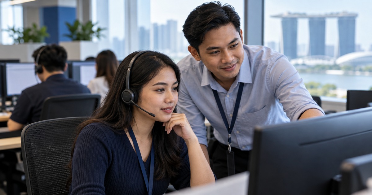 A Southeast Asian adult contact-centre trainee wearing a simple headset listens thoughtfully beside a supervisor in a calm Singapore office, unreadable screens