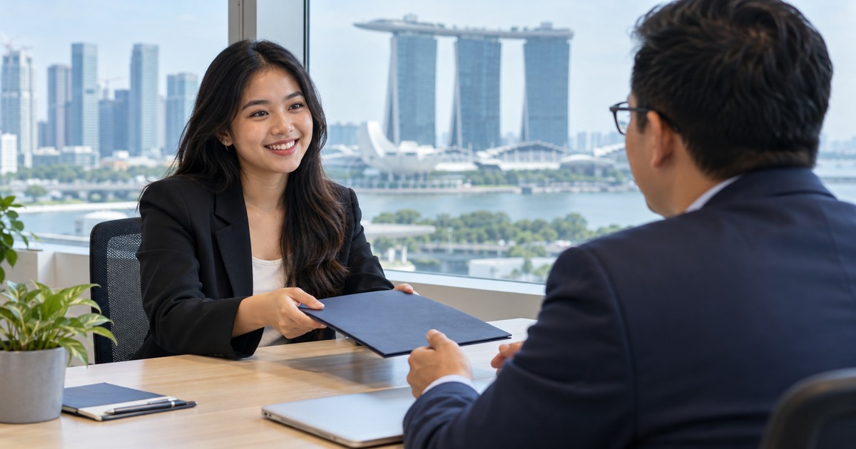 A Southeast Asian young adult graduate presents a simple unlabelled project folder to an adult interviewer across a bright Singapore office table