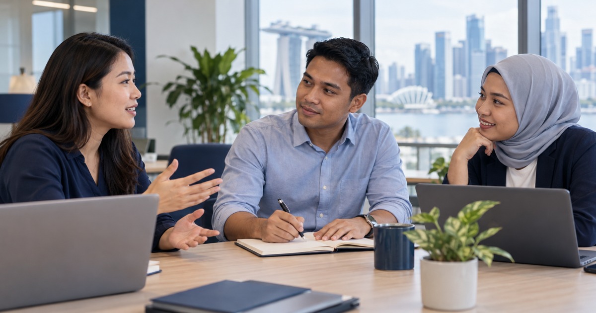 Three Southeast Asian adult colleagues at a brief workplace meeting, one first-time supervisor listening carefully and writing notes, equal respectful framing