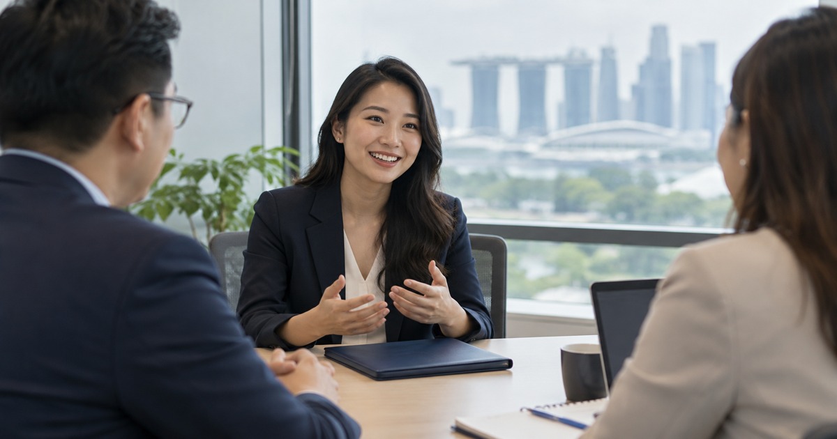 A Southeast Asian adult candidate returns for a focused conversation with two interviewers around a bright office meeting table, navy portfolio folder