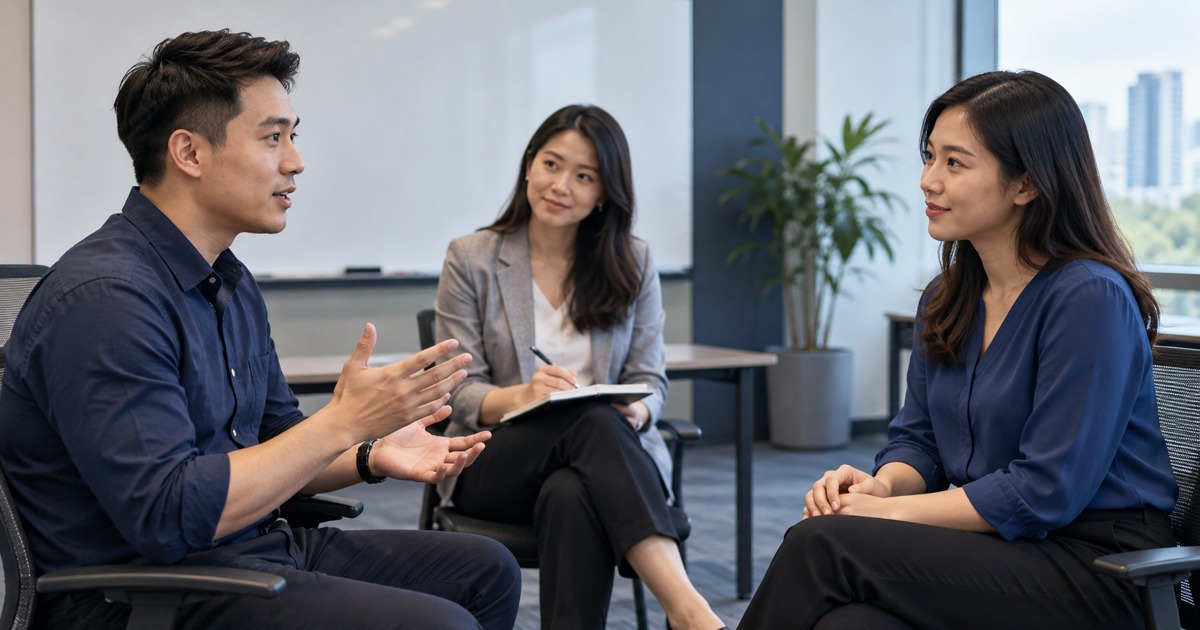Two Southeast Asian adults practise a workplace role-play while a third observes with a blank notepad, restrained natural expressions in an office training room