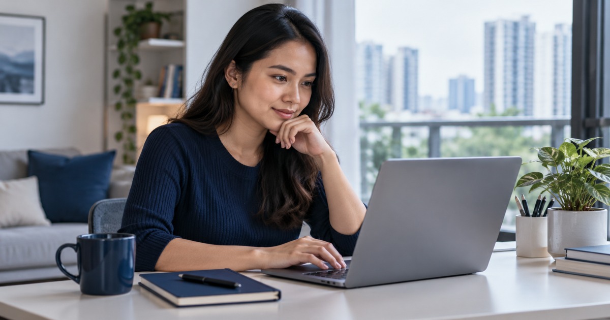 A Southeast Asian adult jobseeker at a home desk thoughtfully composing an application on a laptop, screen unreadable, navy notebook and cool daylight