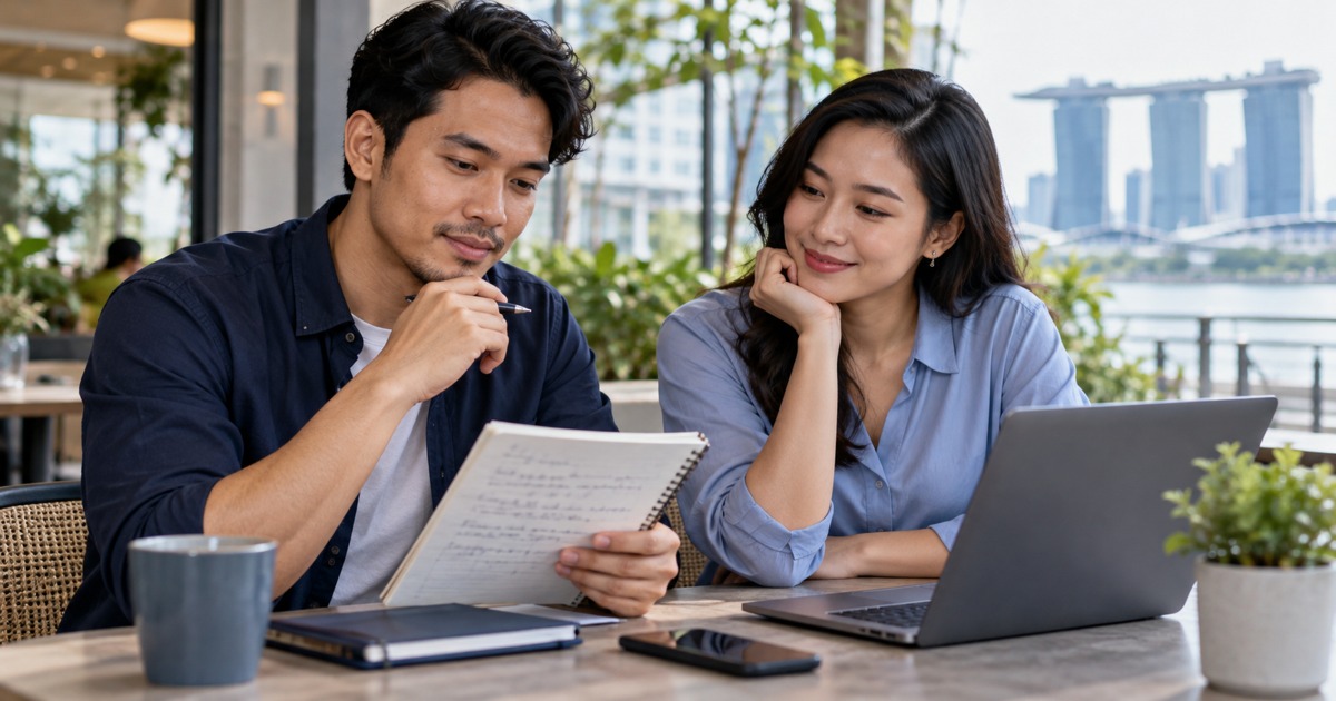 A Southeast Asian adult career switcher calmly reviews handwritten unreadable notes after a job application with a supportive adult friend, thoughtful not distressed