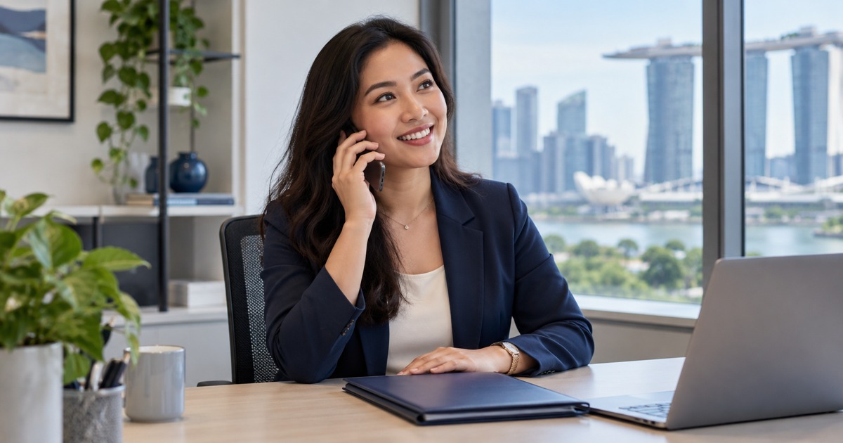 A Southeast Asian adult professional has a respectful phone conversation at a private desk with a closed navy resume folder
