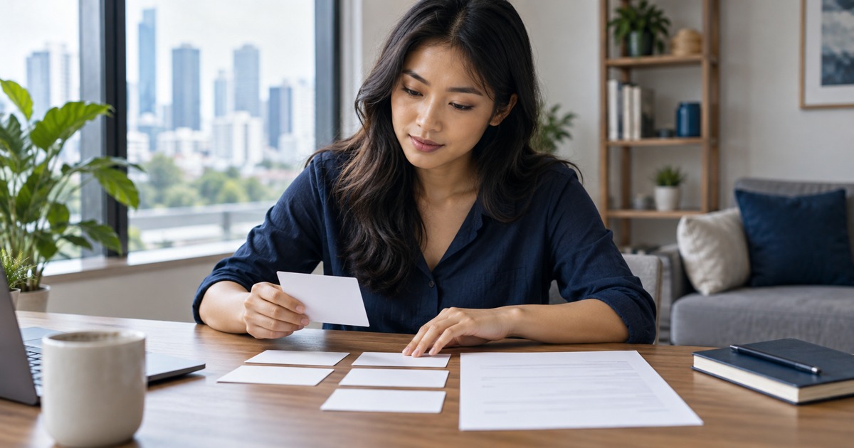 A Southeast Asian adult career changer arranges blank skills cards and an unlabelled resume at a tidy desk, understated notebook, thoughtful focused scene
