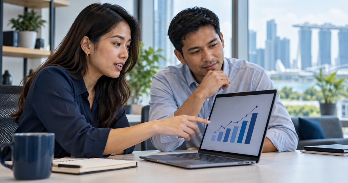 A data analyst explains a simple unlabelled chart to a colleague at a desk.