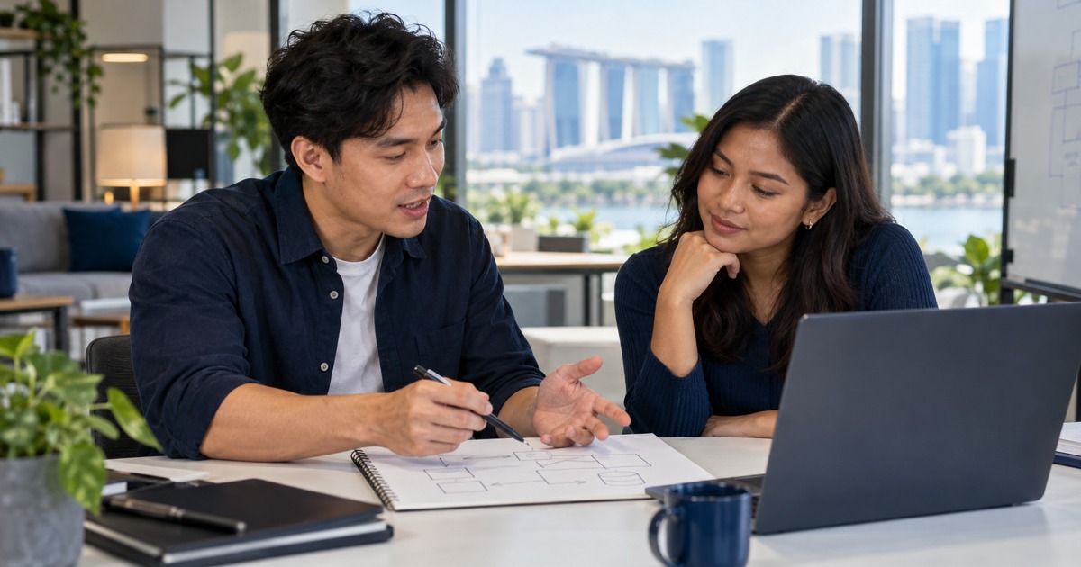 A software developer discusses a blank architecture sketch with a teammate.