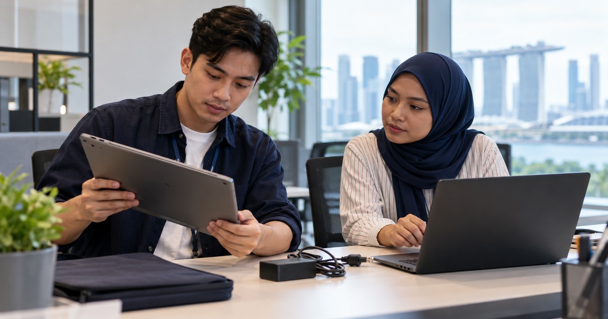 An IT support trainee checks a disconnected spare laptop beside a colleague.
