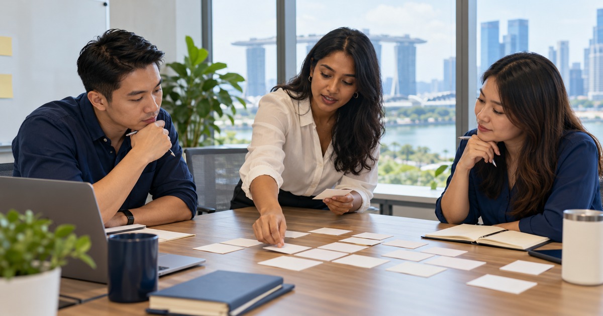 A business analyst maps a process using blank cards with two stakeholders.