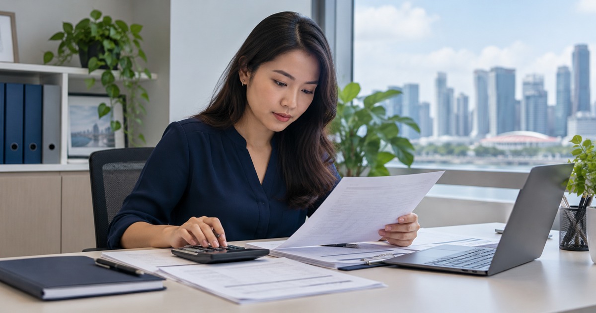 A payroll administrator checks fictional paperwork and a calculator in a private office.