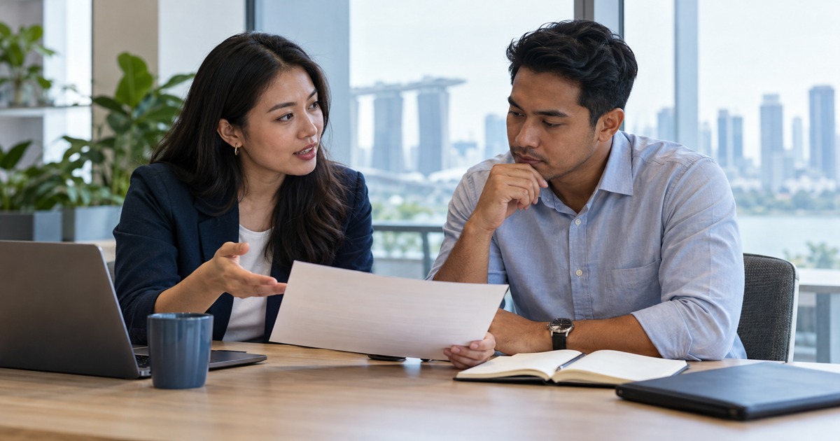 A recruiter discusses an unlabelled role brief with a hiring manager.