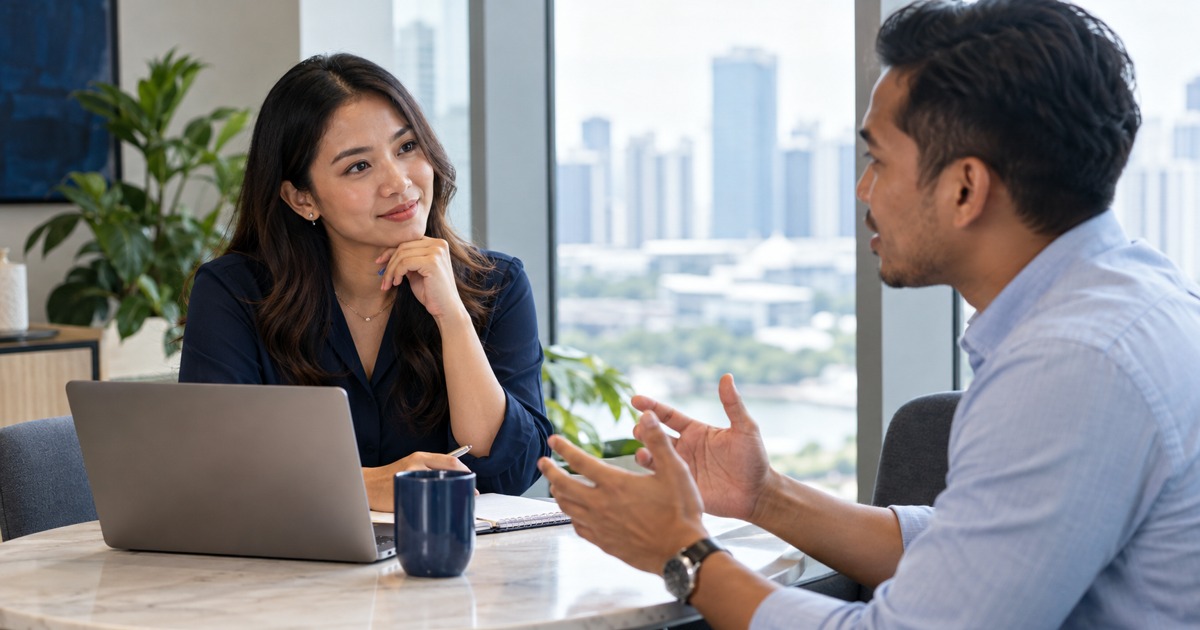 An account manager listens to a client across a small meeting table.