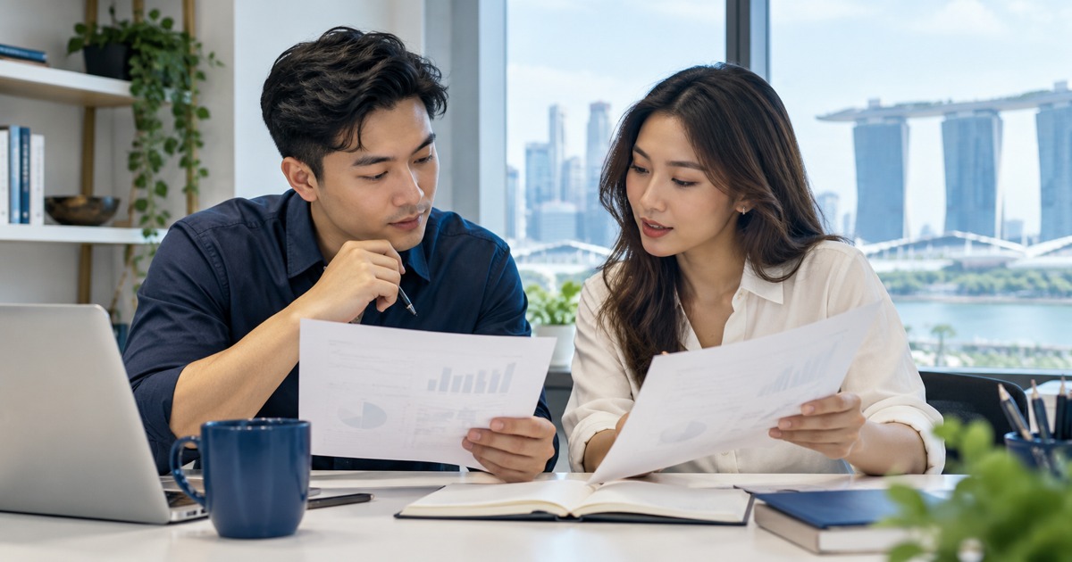 A financial analyst compares two unlabelled planning sheets at a bright desk.