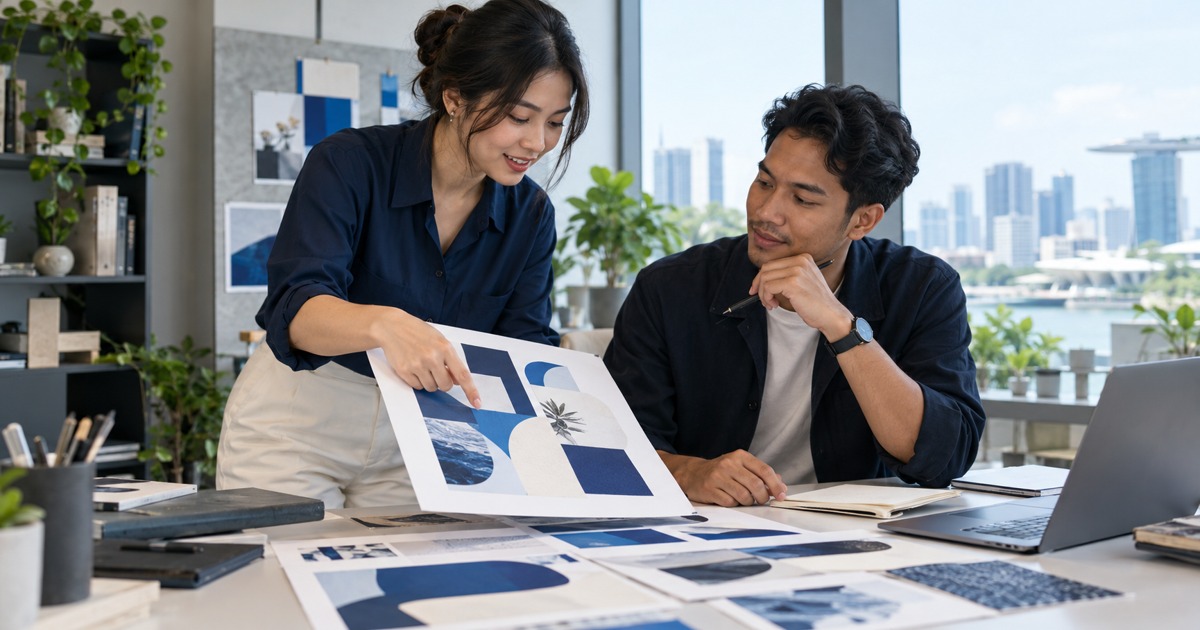 A designer presents abstract blue and ivory layout samples to a reviewer.