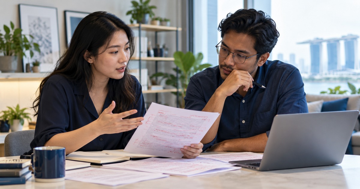 A writer discusses an unreadable marked-up draft with an editor.
