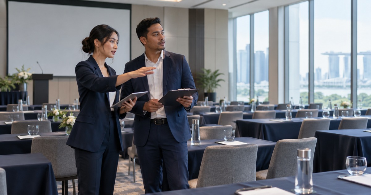 An event coordinator checks a quiet empty conference room with a colleague.