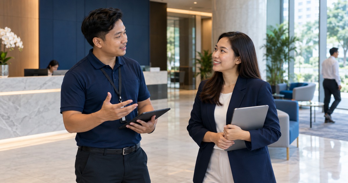 A facilities coordinator talks with a colleague in a clean office lobby, no repair work.