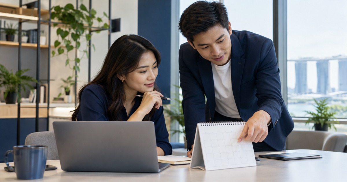 An assistant and manager review an unlabelled calendar at an office table.