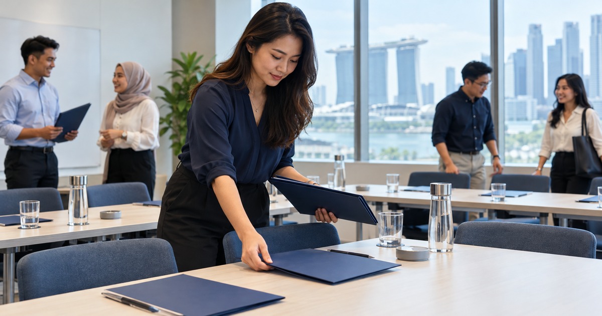 A training coordinator arranges blank folders in a bright seminar room.