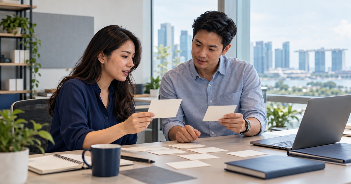 A planner and colleague compare blank demand-planning cards in an operations office.