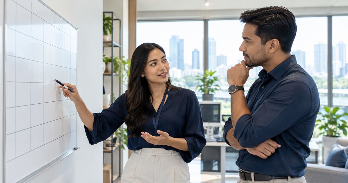 A service coordinator discusses a blank appointment board with an adult colleague.