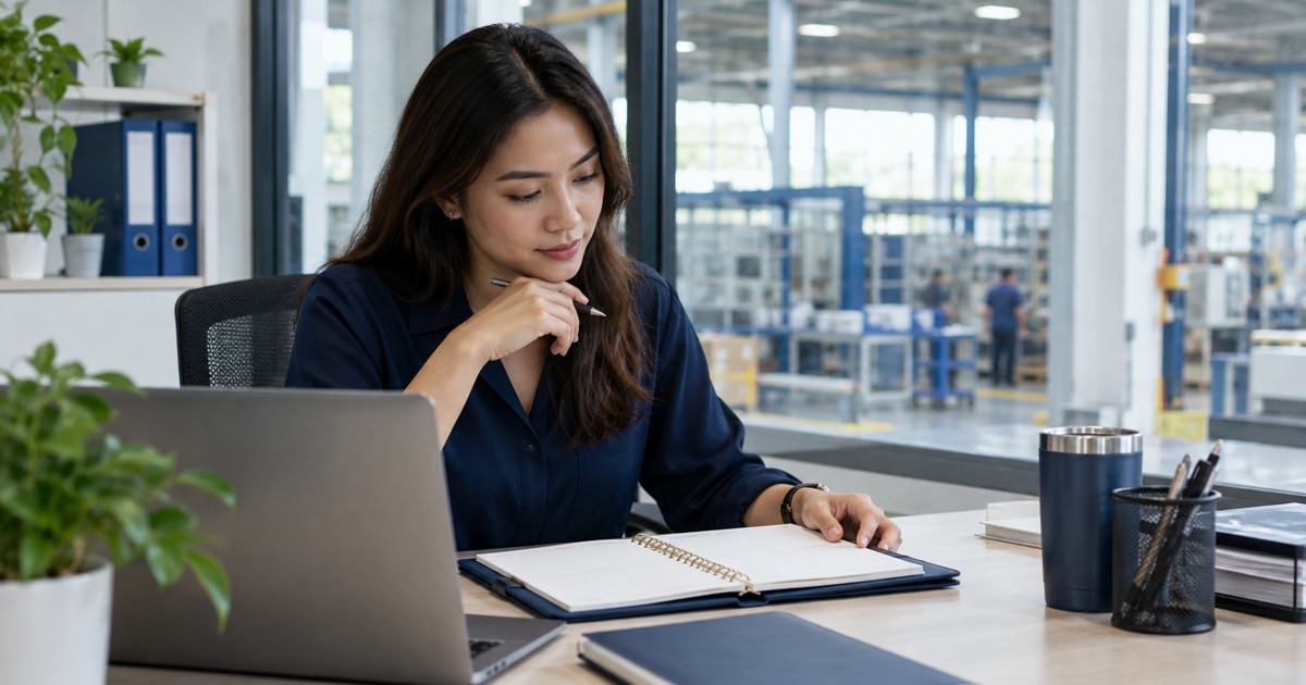 A planner reviews a blank schedule in a factory office behind a window, no operating machinery.