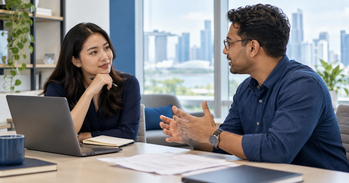 A technical writer interviews a subject expert with an unreadable draft nearby.