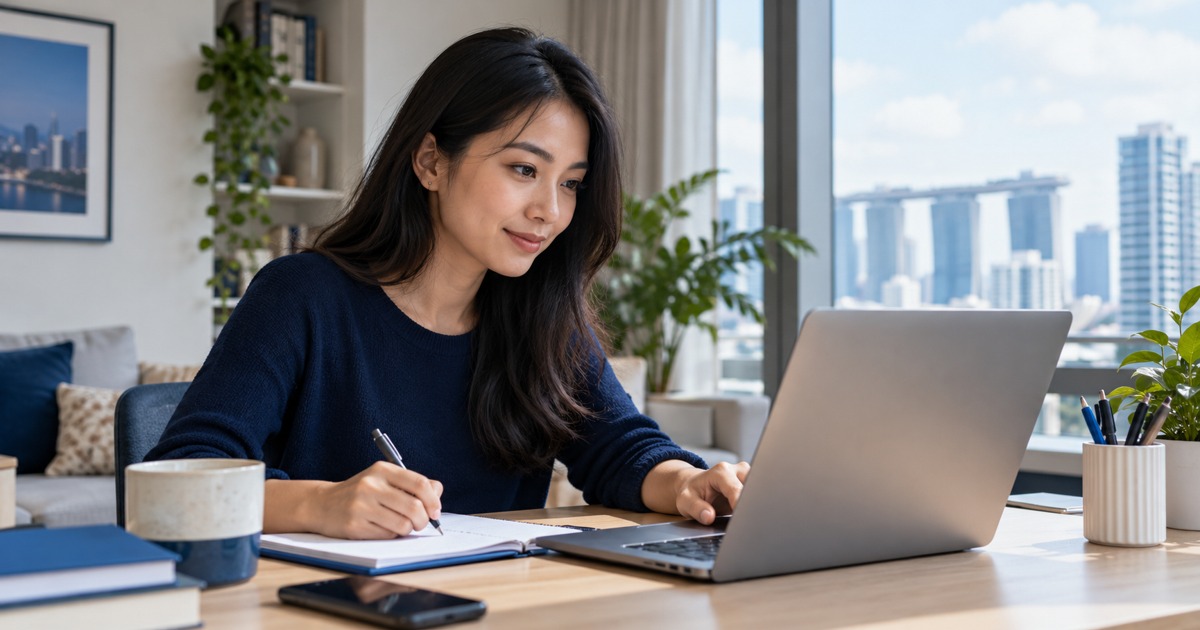 A jobseeker practises a spreadsheet at a home desk, screen unreadable, blue notebook.