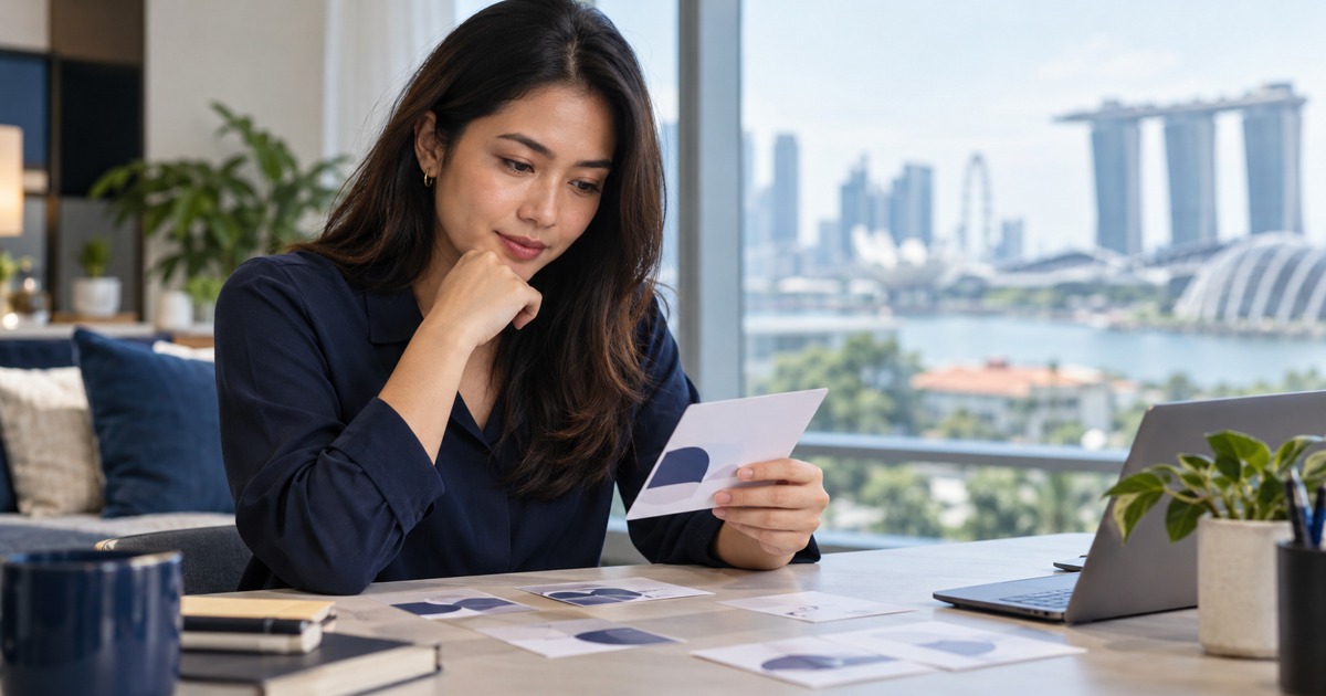A candidate thoughtfully reviews fictional scenario cards at a quiet desk.