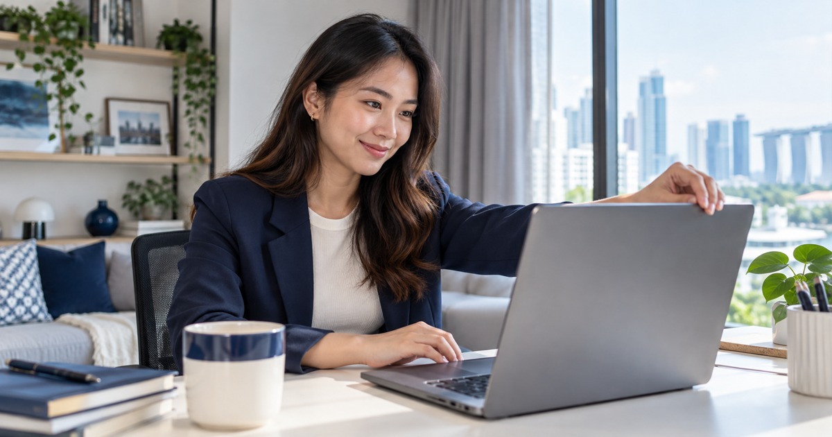 A candidate adjusts a laptop camera at a tidy home interview desk.