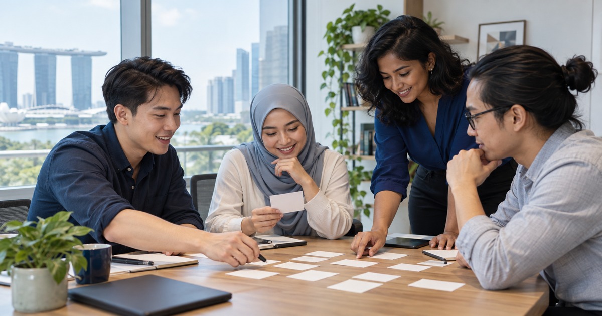 Four adults collaborate respectfully around a table with blank planning cards.