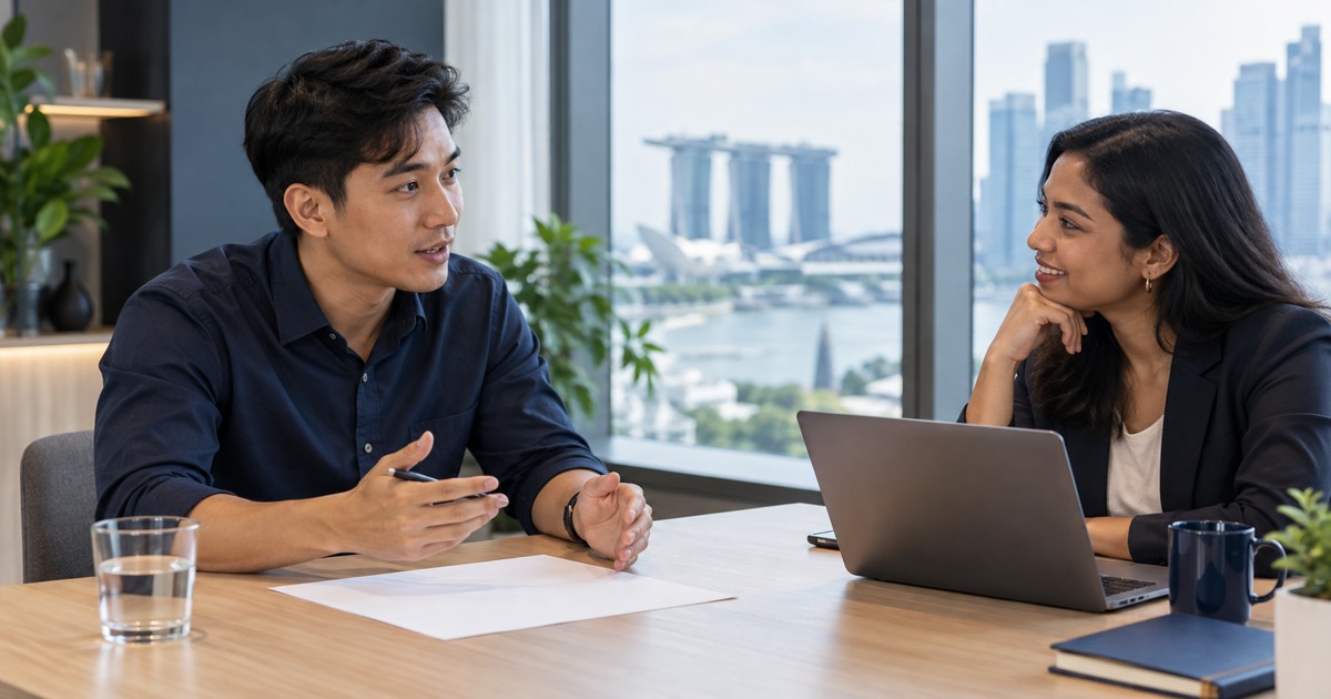 A candidate discusses a simple fictional business problem on blank paper with an interviewer.