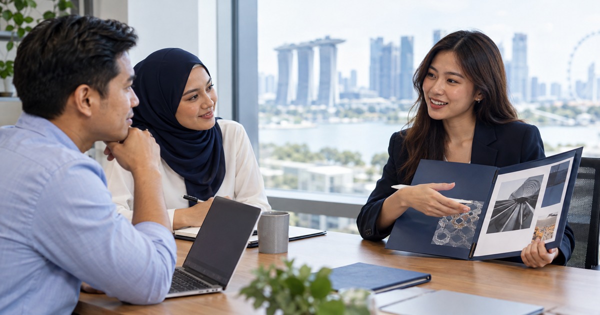 A candidate presents a navy portfolio folder with abstract samples to two interviewers.