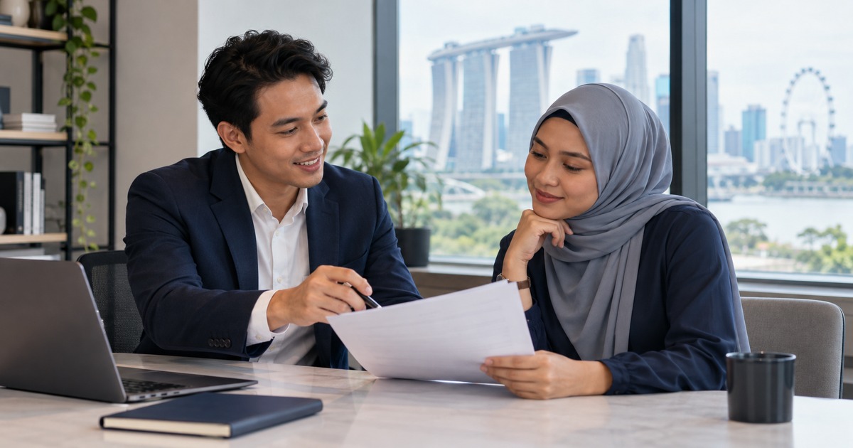 A candidate and recruiter discuss an unlabelled offer document in a calm office.