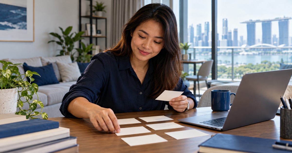 A jobseeker plans a small fictional assignment with blank task cards at home.