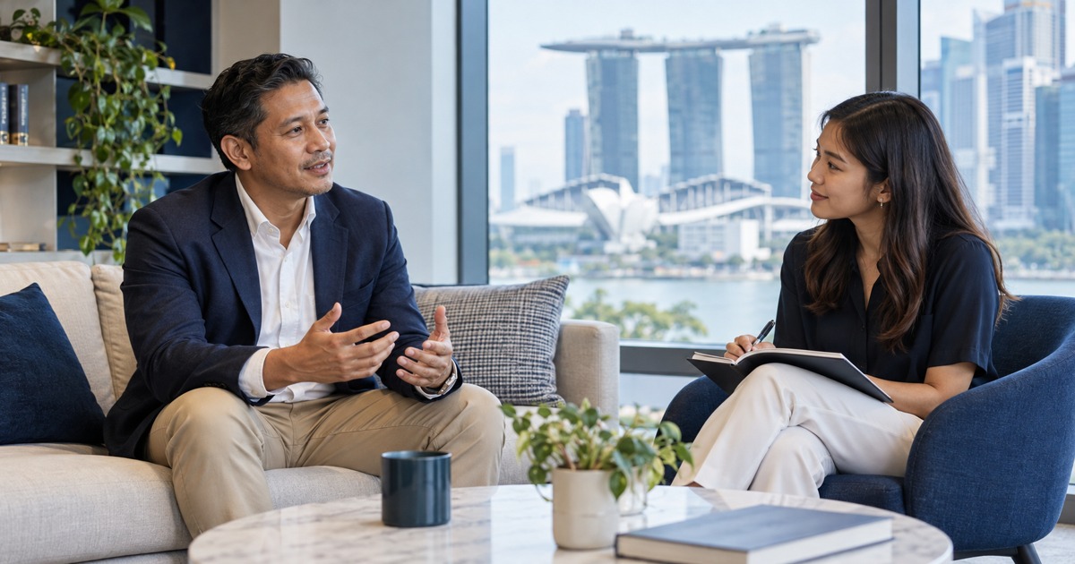 An experienced professional has a thoughtful interview with a younger adult interviewer.